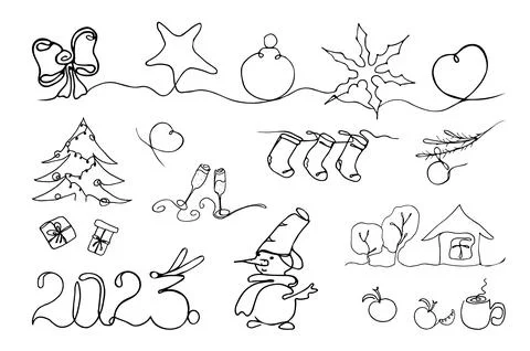 Line art set Christmas elements. Ball star snowflake gifts snowman trees sock Stock Illustration