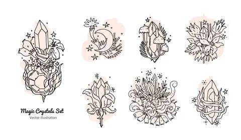 Line art set elements with crystals quartz. Hand drawn doodle vector illustra Stock Illustration