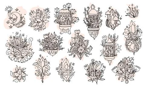Line art set elements with flowers, birdcage, crystals. Hand drawn doodle vec Stock Illustration