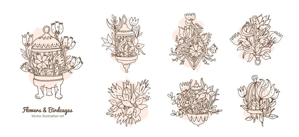 Line art set elements with flowers, birdcage, crystals quartz. Hand drawn doo Stock Illustration