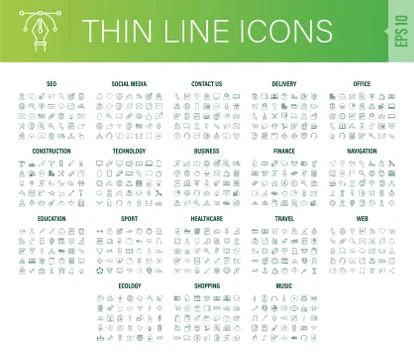 Line art set with icon set. Thin line. Social media, technology, seo, logistic Stock Illustration