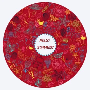 Line art set of summer theme doodle collection in round frame. Stock Illustration
