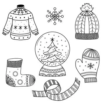 Line art. Set of warm clothes, snowflake, and snow globe. Stock Illustration