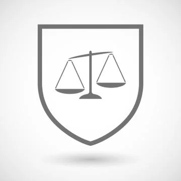 Line art shield icon with  an unbalanced weight scale Stock Illustration