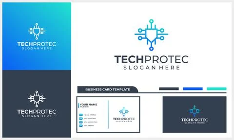 Line art shield with tech concept logo template with line art style Stock Illustration