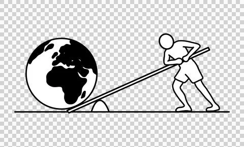Line art showing a person using a lever to move the Earth. Concept of effort Stock Illustration