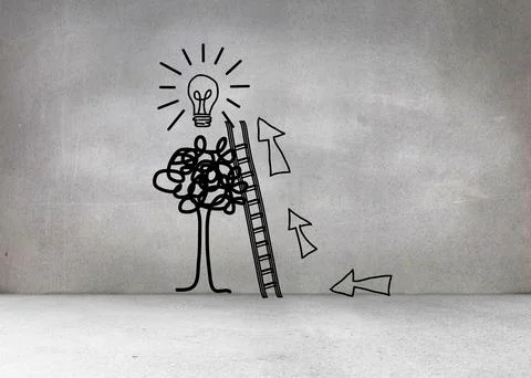 Line art is showing scribble tree with ladder, arrows and light bulb on grey Stock Illustration