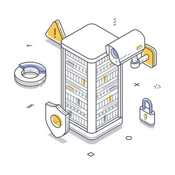 Line art shows a secure data center with surveillance cameras and locks. Secu Stock Illustration