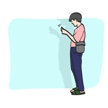 Line art side view of full length man using smartphone illustration vector Stock Illustration
