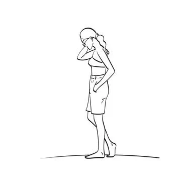 Line art side view young woman with sunglasses standing on beach illustration Stock Illustration