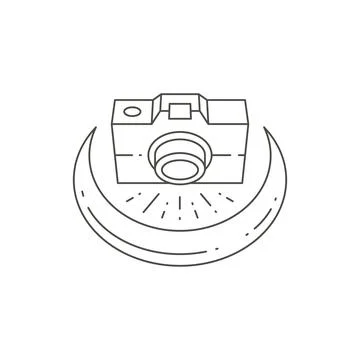 Line art simple photo camera shooting half moon with flare isometric top view Stock Illustration