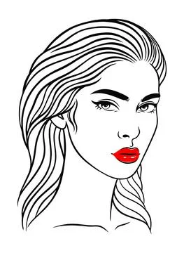 Line art simple portrait of young woman with red lips. Vector illustration Stock Illustration