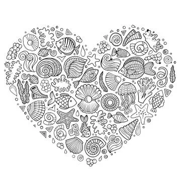 Line art sketchy vector set of Underwater life items Stockillustratie
