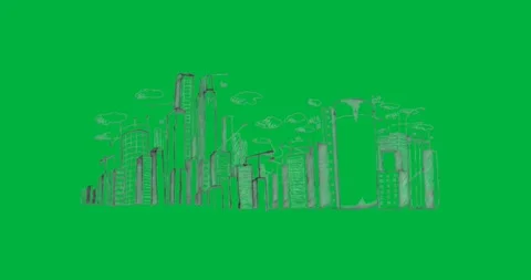 Line-art skyline floating on transparent background, adding clouds and dots for Stock Footage 317479464