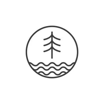 Line art spruce tree and pond waves icon in the round frame  Stock-Illustration