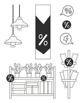 Line Art Store Interior. Shelving Unit, Retail Display with Houseplants and.. Stock Illustration