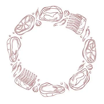 Line art style circular frame of various meat cut and steak for butcher shop Stock Illustration