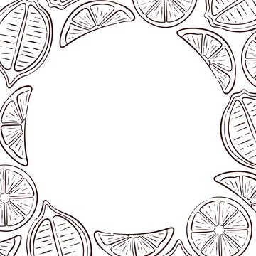 Line art style frame with lemon slices on white background. Border for summer Stock Illustration