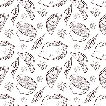 Line art style seamless pattern with lemon, flower and leaf on white background Stock Illustration