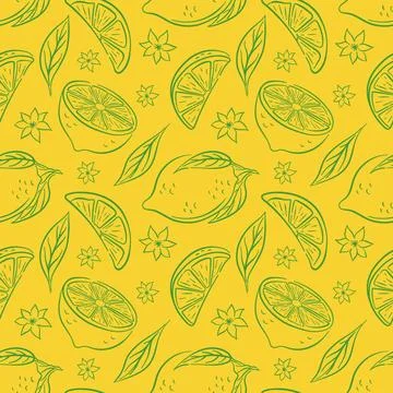 Line art style seamless pattern with lemon, flower and leaf on yellow background Stock Illustration