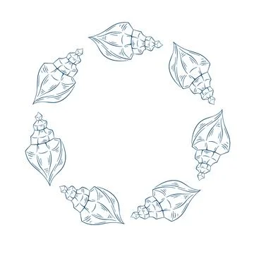 Line art style seashell circle frame. Marine ocean element for decorative border Stock Illustration