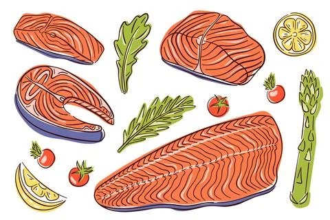 Line art style set featuring various cuts of salmon, with lemon slices Stock Illustration