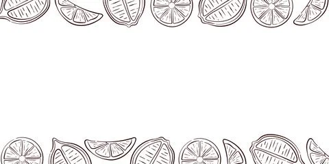 Line art style vertical frame with lemon slices on white background. Border for Stock Illustration