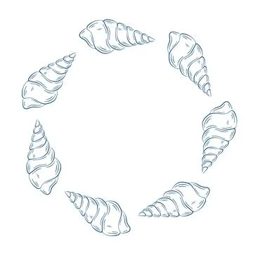 Line art style wreath seashell on white background. Marine design with empty Stock Illustration