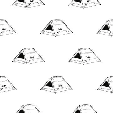 Line art Tent seamless pattern. Silhouette distressed style. Outdoor adventure Stock Illustration
