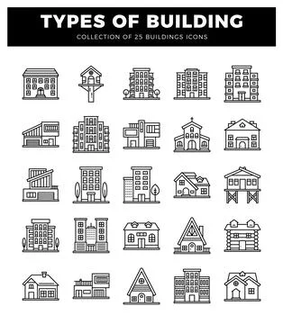 Line art varied building types. including residential and commercial. on a .. Ilustración de archivo