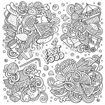 Line Art Vector Doodles Cartoon Set Of Fastfood Combinations Of Objects