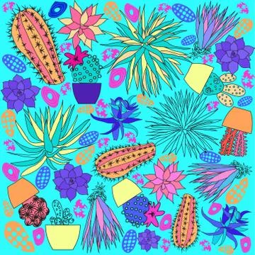 Line art vector hand drawn doodle cartoon set of Cactus sketch background int Stock Illustration