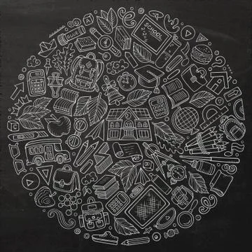 Line art vector hand drawn set of School cartoon doodle objects Stockillustratie