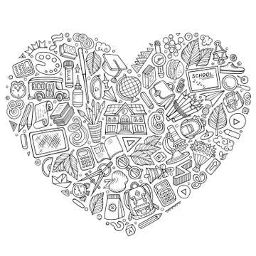 Line art vector hand drawn set of School cartoon doodle objects Stockillustratie