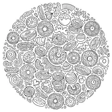 Line art vector hand drawn set of Donuts cartoon doodle objects Illustrazione stock