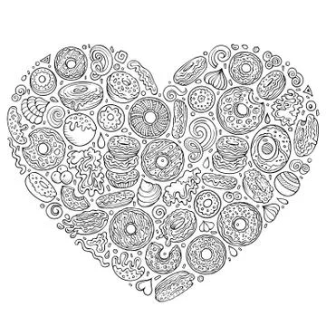 Line art vector hand drawn set of Donuts cartoon doodle objects Stock Illustration