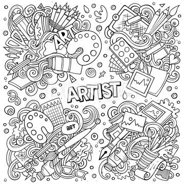 Line Art Vector Hand Drawn Doodles Cartoon Set Of Artist Combinations Of  Objects - Stock Image - Everypixel