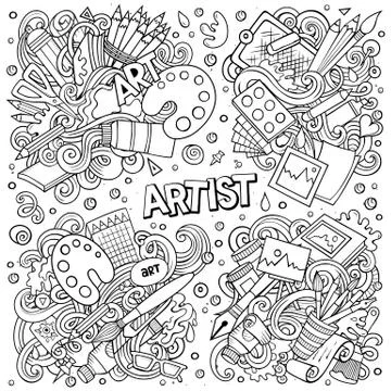 Line art vector hand drawn doodles cartoon set of Artist combinations of objects Stock Illustration