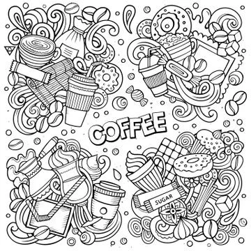 Line art vector hand drawn doodles cartoon set of Coffee combinations of objects Stock Illustration