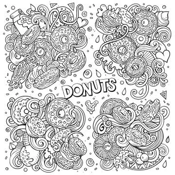 Line art vector hand drawn doodles cartoon set of Donuts combinations of objects Stock Illustration