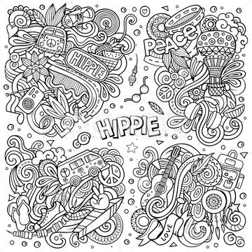 Line Art Vector Hand Drawn Doodles Cartoon Set Of Hippie Combinations Of Objects