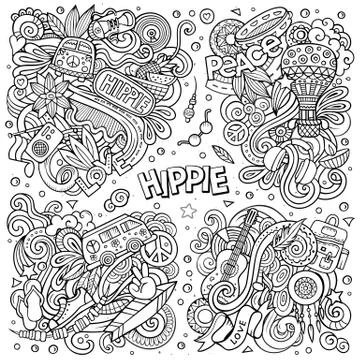 Line art vector hand drawn doodles cartoon set of Hippie combinations of objects Stock Illustration