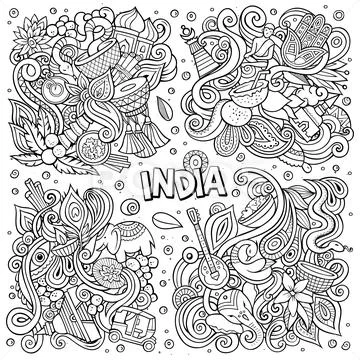 Line Art Vector Hand Drawn Doodles Cartoon Set Of India Combinations Of Objects