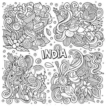 Line art vector hand drawn doodles cartoon set of India combinations of objects 스톡 일러스트