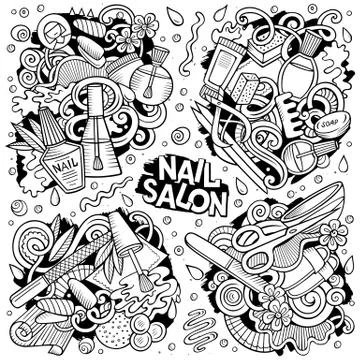 Line art vector hand drawn doodles cartoon set of Nail Salon combinations Stock Illustration