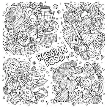 Line art vector hand drawn doodles cartoon set of Russian food combinations Stock Illustration