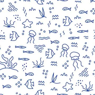 Line art vector hand drawn. Doodle cartoon seamless pattern of marine life. S Stock Illustration