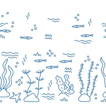 Line art vector hand drawn. Doodle cartoon seamless pattern of marine life. S Stock Illustration
