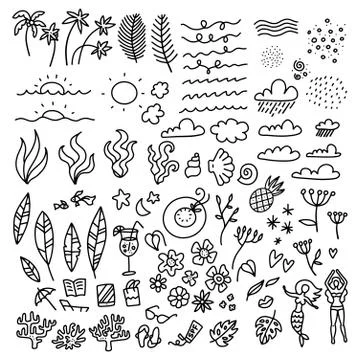 Line art vector hand drawn doodle set of summer time season objects and symbo Stock Illustration