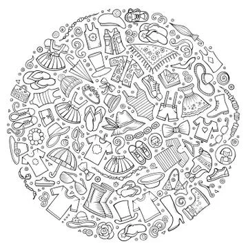 Line art vector hand drawn set of Clothes cartoon doodle objects Stock Illustration